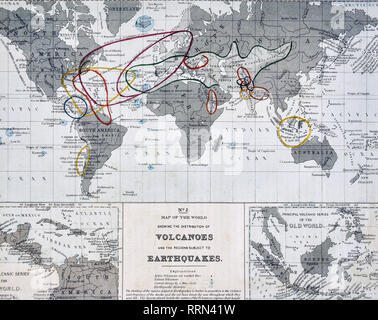 1868 Mitchell carte physique du monde de la distribution des Volcans et séismes sous réserve de régions Banque D'Images