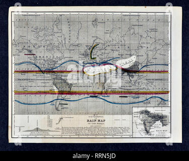 Mitchell 1868 Météo Carte météorologique mondiale montrant Hyetographic Distribution des précipitations de pluie Banque D'Images