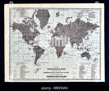 Mitchell 1868 Carte du monde zoologique : répartition sur la planète des principaux mammifères, les animaux Banque D'Images