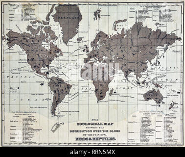 Mitchell 1868 Carte du monde zoologique : répartition sur la planète des principaux mammifères, les animaux Banque D'Images