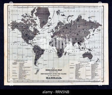 Mitchell 1868 Carte du monde zoologique : répartition sur la planète des principaux mammifères, les animaux Banque D'Images