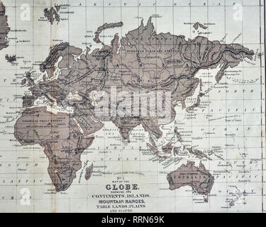 1868 Mitchell carte physique du monde montrant Continents, îles, montagnes, plaines, terres de table et les pentes Banque D'Images