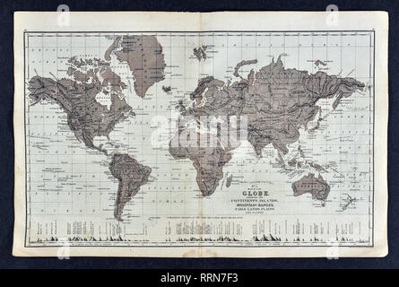 1868 Mitchell carte physique du monde montrant Continents, îles, montagnes, plaines, terres de table et les pentes Banque D'Images