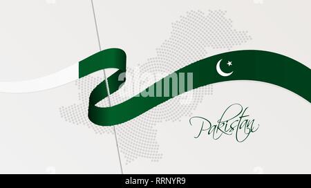 Illustration Vecteur de résumé carte demi-teinte en pointillés radial du Pakistan et ruban ondulé avec des couleurs du drapeau national pakistanais pour votre conception Illustration de Vecteur