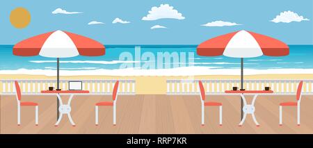 Grand café sur la terrasse près de la mer. L'été, restaurant et travel concept bannière. Vector illustration. Illustration de Vecteur