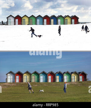 Photo composite des gens promènent leurs chiens sur la plage de Blyth dans le Northumberland le 27/02/18 (top), au cours de la bête de l'Est, et la même vue le 25/02/18 que la Grande-Bretagne a connu des températures record après le Mardi est devenu l'hiver le plus chaud de la journée. Banque D'Images