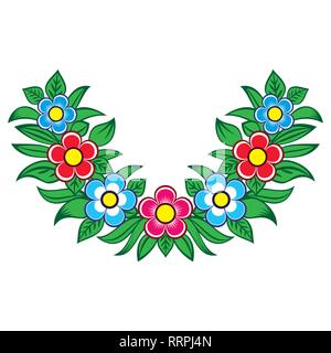 L'art populaire polonais vector floral design - Zalipie motif décoratif avec des fleurs et des feuilles - demi-ronde wreath Illustration de Vecteur