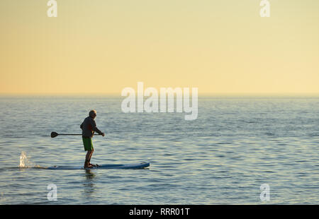 Ingelmunster, East Sussex, UK. Feb 26, 2019. Un homme en short paddle de Seaford sur la journée d'hiver le plus chaud jamais enregistré. Crédit : Peter Cripps/Alamy Live News Banque D'Images