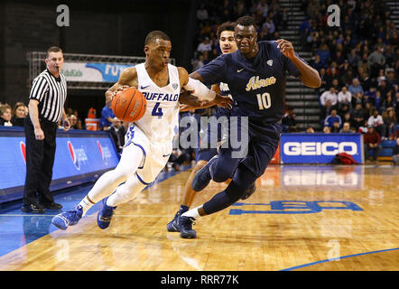 Amherst, New York, USA. 26 févr. 2019. Les bisons mâles guard Davonta la Jordanie (4) DRIBBLE la balle passé Akron Zips center Deng Riak (10) au cours de la première moitié de jouer dans le jeu de basket-ball de NCAA entre l'Akron Zips et Buffalo Bulls à Alumni Arena à Amherst, N.Y. (Nicholas T. LoVerde/Cal Sport Media) Credit : Cal Sport Media/Alamy Live News Banque D'Images