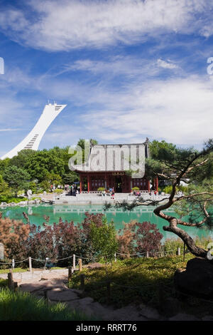 Pavillon Hall de l'amitié et Lac de rêve en été au Jardin Chinois avec en arrière-plan La Tour du stade olympique, Jardin botanique de Montréal, Québec,Canada Banque D'Images