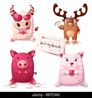 La vache, le porc, cerf, cat -set animaux. Illustration de Vecteur