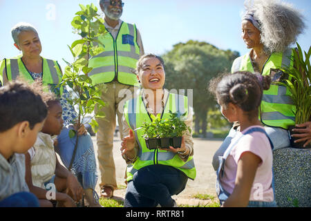 Des bénévoles heureux la plantation d'arbres et de plantes à sunny park Banque D'Images