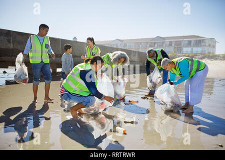 Les bénévoles le nettoyage de déchets sur la plage de sable humide, ensoleillé Banque D'Images