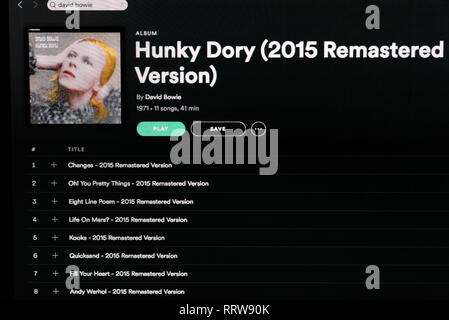 Album David Bowie Hunky Dory page Spotify Banque D'Images