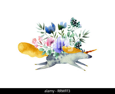 Belle aquarelle bouquet avec unicorn isolé sur fond blanc. Bouquet de fleurs aquarelle pour la conception, des cartes postales, des bannières, des emblèmes, logo. Banque D'Images