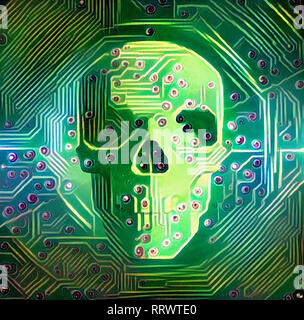 Composition symbolique dans le vert. Crâne humain sur le circuit board Banque D'Images