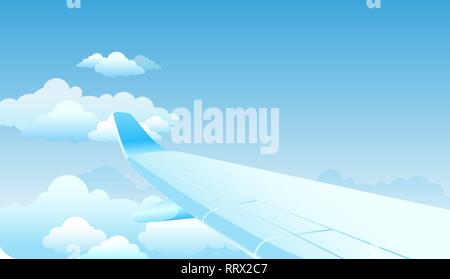 Volant dans le ciel d'illustration vectorielle gradient lumineux de cloudscape et aile d'avion volant au-dessus des nuages. Belle scène de hublot de jet Illustration de Vecteur