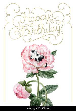 Bouquet de belles pivoines aquarelle, cat et inscription isolé sur fond blanc. Aquarelle botanique de pivoines pour la conception, des cartes postales, des bannières Banque D'Images