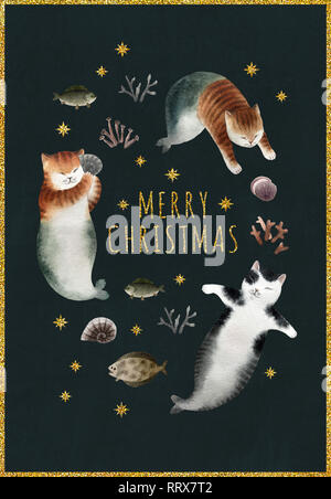 Carte Postale De Noel Avec Jeu De Chats Jeu De Chats Aquarelle Gold Glitter Et Flocons Isole Sur Fond Rouge Pret A Imprimer Carte Postale Photo Stock Alamy