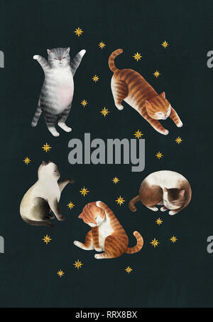 Carte postale de voeux avec jeu de chats. Jeu de chats aquarelle, gold glitter isolé sur fond vert. Prêt à imprimer carte postale. Banque D'Images