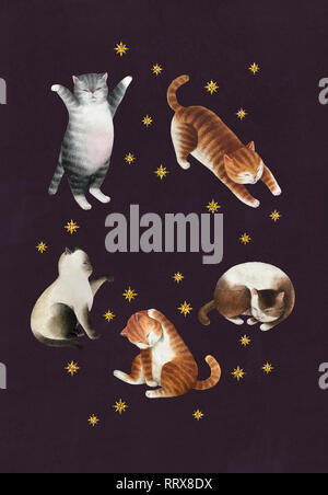 Carte postale de voeux avec jeu de chats. Jeu de chats aquarelle, gold glitter isolé sur fond violet. Prêt à imprimer carte postale. Banque D'Images