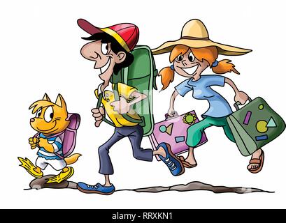 Cartoon famille partir en vacances avec leur chat vector illustration Illustration de Vecteur