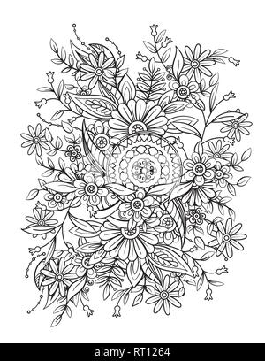 Motif floral mandala en noir et blanc. Livre de coloriage adultes page avec des fleurs et des mandalas. Motif Oriental, affiche des éléments décoratifs. Illustration de Vecteur