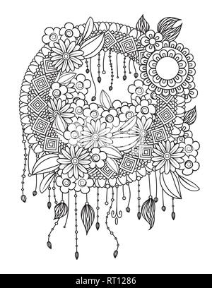 Coloriage adulte avec dreamcatcher avec plumes et fleurs. Talisman amérindien. Ornement doodle noir et blanc. Isolé sur fond blanc. Illustration de Vecteur