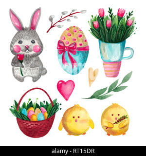 Ensemble d'éléments de pâques illustration aquarelle d'un lièvre panier poulet oeufs fleurs tulipe. Personnage pour enfants de fête pour la maison de vacances Banque D'Images