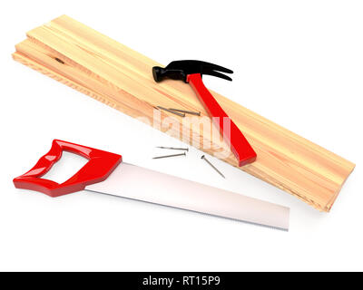 Marteau, scie à métaux, des planches et des clous sur fond blanc, isolé. Le rendu 3D Banque D'Images