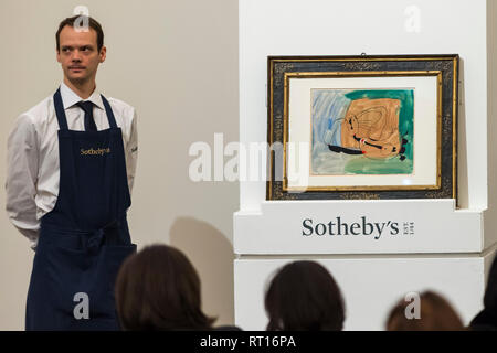 Londres, Royaume-Uni. 26 février 2019. ''Dormeuse'' par Joan Miró, (Est. 300 000 € - 500 000) vendus pour un prix d'adjudication de 300 000 £ chez Sotheby's, impressionniste et moderne Surréalisme Art Evening Sale dans leurs galeries New Bond Street. Crédit : Stephen Chung / Alamy Live News Banque D'Images