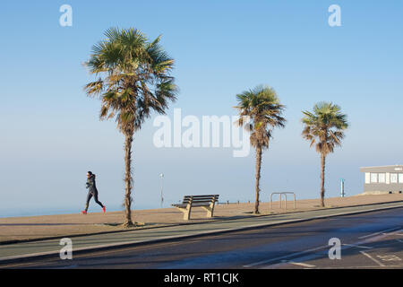 Southend-on-Sea, Essex, Royaume-Uni. 27 Février, 2019. Météo France : Le temps exceptionnellement beau temps continue à Southend - vue d'une femme le jogging le long du front de mer Crédit : Ben Recteur/Alamy Live News Banque D'Images