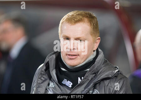 Edinburgh, Royaume-Uni. Feb 27, 2019. Édimbourg, Écosse - 27 février : Celtic stagiaire manager Neil Lennon au cours de la Premiership match entre Ladbrokes et coeurs à Celtic Park Murrayfield le 27 février 2019 à Edinbugh, Royaume-Uni. ( Crédit : Scottish Borders Media/Alamy Live News Banque D'Images