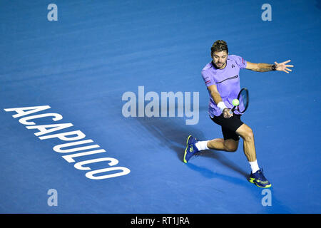 Acapulco, Mexique. Feb 27, 2019. Stan Wawrinka de Suisse hits un retour pendant la masculin deuxième tour entre Stan Wawrinka de Suisse et Steve Johnson des États-Unis à l'ATP 2019 Tournoi de tennis du Mexique à Acapulco, Mexique, le 27 février 2019. Stan Wawrinka a gagné 2-0. Credit : Xin Yuewei/Xinhua/Alamy Live News Banque D'Images