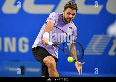 Acapulco, Mexique. Feb 27, 2019. Stan Wawrinka de Suisse hits un retour pendant la masculin deuxième tour entre Stan Wawrinka de Suisse et Steve Johnson des États-Unis à l'ATP 2019 Tournoi de tennis du Mexique à Acapulco, Mexique, le 27 février 2019. Stan Wawrinka a gagné 2-0. Credit : Xin Yuewei/Xinhua/Alamy Live News Banque D'Images