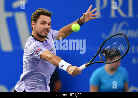 Acapulco, Mexique. Feb 27, 2019. Stan Wawrinka de Suisse hits un retour pendant la masculin deuxième tour entre Stan Wawrinka de Suisse et Steve Johnson des États-Unis à l'ATP 2019 Tournoi de tennis du Mexique à Acapulco, Mexique, le 27 février 2019. Stan Wawrinka a gagné 2-0. Credit : Xin Yuewei/Xinhua/Alamy Live News Banque D'Images