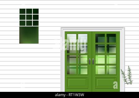 Modren vert avec fenêtre, porte d'entrée façade chambre Illustration de Vecteur
