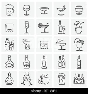 Ligne boissons icons set sur carrés de fond pour la conception graphique et web, simple signe vecteur moderne. Concept de l'Internet. Symbole à la mode pour la conception de site web site web application mobile ou bouton. Illustration de Vecteur