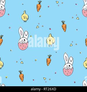 Hand Drawn vector illustration Doodle colorés, lapin de Pâques l'Œuf et fond bleu Motif transparente Chic Illustration de Vecteur