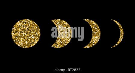 Icônes des phases de lune définies. Fond noir. Paillettes dorées. Illustration vectorielle. Illustration de Vecteur