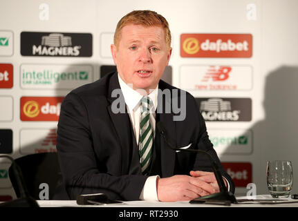 Nouveau gestionnaire Celtique Neil Lennon au cours de la conférence de presse au Celtic Park, Glasgow. Banque D'Images