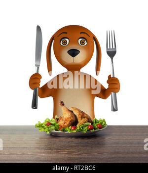 Hungry dog caricature avec bol est titulaire d'un couteau et de la fourchette. isolé sur fond blanc. 3D render Banque D'Images