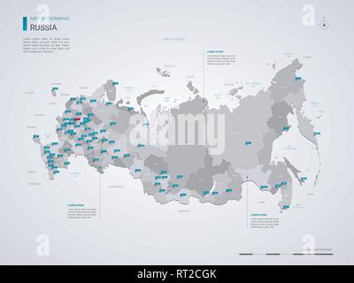 La Russie carte vectorielle avec éléments infographique, pointeur marques. Modèle modifiable avec les régions, les villes et le capital de Moscou. Illustration de Vecteur