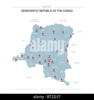 DR du Congo carte vectorielle. Modèle modifiable avec les régions, les villes, les axes rouge et bleu sur fond blanc de surface. Illustration de Vecteur