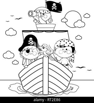 Les Pirates de la voile sur un navire à la mer. Livre de coloriage noir et blanc la page Illustration de Vecteur