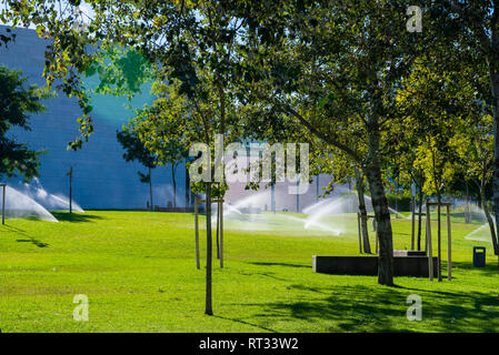 Arrosage sprinkleur dans le jardin ou parc de la ville. Banque D'Images