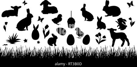 Silhouettes de lapins, poulets, agneaux sur un fond blanc. L'herbe, papillon et fleurs. Ensemble d'éléments de pâques pour la conception. Les animaux de ferme. Illustration de Vecteur