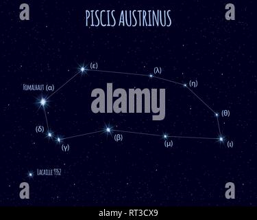 Piscis Austrinus (le sud de la constellation des Poissons), vector illustration avec les noms de stars de base contre le ciel étoilé Illustration de Vecteur