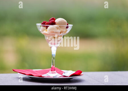 La crème glacée avec des framboises est sur la table dans un récipient en verre - image Banque D'Images