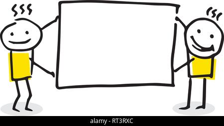 Deux stick figure holding a blank board dans leurs mains. Creative hand drawn vector illustration. Illustration de Vecteur